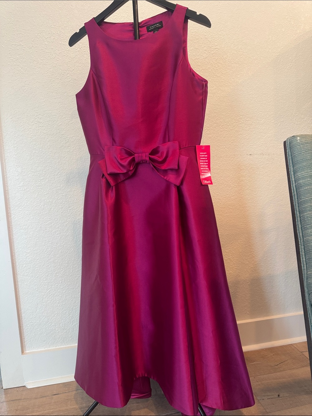 Tahari Fuchsia Satin A-Line Dress with Bow Waist